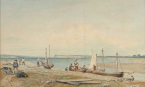 Attributed to Francis Nicholson (1753-1844) A coastal bay with fisherfolk attending to their nets;