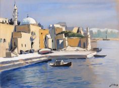 * Rosen (20th century) A riverside mosque, Jerusalem, signed in Hebrew, watercolour with