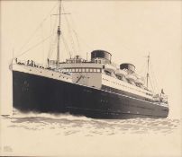Harry Hudson Rodmell (1896-1984) An ocean liner at sea, signed, pen and ink and grey wash, 26.5 x