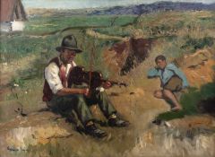 Gianna Luigi (Italian, 20th century) Fiddler serenading a young boy in a grassy landscape, signed,