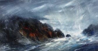 Judy Linnell (20th century) Winter sea, Pembrokeshire, signed, mixed media, 26 x 50.5cm From a