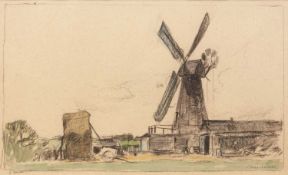 James Kerr-Lawson (1864-1934) A farmstead with windmill, signed, pencil and watercolour, 15 x 26cm