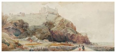 Joseph Needham (c.1810-c.1880) A coastal roadway with hilltop castle, possibly Criccieth, signed,