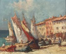 French School (20th century) Harbour scene, indistinctly signed, oil on canvas, 44 x 53.5cm Repair