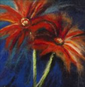 Moy Mackay (b.1966) Red flower study, inscribed and dated 2004 verso, textile panel, 22.5 x 22.5cm