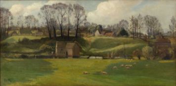 Francis William Reckitt (1860-1932) Pastoral river valley with sheep and farm buildings, signed with