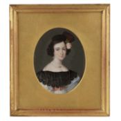 Étienne F. Mulnier (1783-1854) Portrait of a lady, in pale blue dress with black lace collar,
