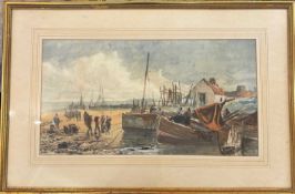 English School (19th century) Figures tending to the nets watercolour 26 x 48cm.