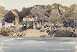 English School (20th century) A boatyard, signed with monogram H.M (?), watercolour, 24 x 35cm;