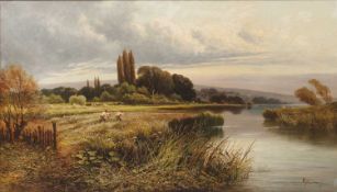 W H Davis (19th century) River landscape, possibly the Thames, with farm workers harvesting in the