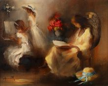 Continental School (20th century) Piano practice, indistinctly signed, oil on canvas, 39 x 49cm,