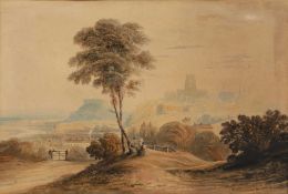 Attributed to Joseph Murray Ince (1806-1859) A coastal town with figures conversing at the foot of a