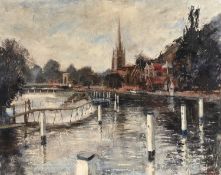 John King (20th century) River landscape with weir and distant church, possibly the Thames at