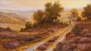 Richard Telford (20th century) A moorland croft at sunset, signed, oil on canvas, 34 x 59.5cm A good