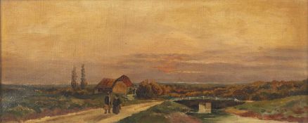 Dutch school (19th century) River landscape with two figures conversing on a track, oil on canvas,