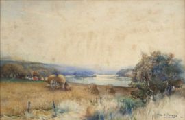 Alec Fraser (act. 1893-1939) Harvesting in a river landscape, signed, watercolour, 32 x 50cm