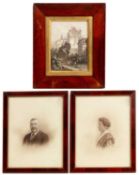 A pair of late 19th/early 20th century mahogany frames With box strung decoration and containing
