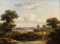 W. Williams (fl.1846-1876) Landscape with windmill, and cattle grazing, signed, oil on canvas, 43.