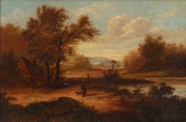 Follower of Joseph Thors (1835-1920) River landscape with figure and dog passing a rustic cottage,