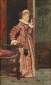 Sir James Dromgole Linton (1840-1916) An Elizabethan figure by a chair, signed with initials,