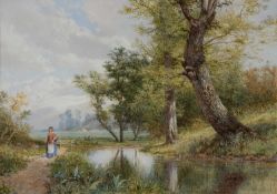 English school (19th century) River landscape with figure on a pathway, signed with monogram 'A.