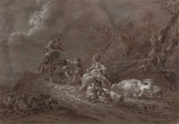 P. Duverger (18th century) Peasants with animals in a landscape, signed, grey wash heightened with