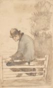 Henry Lamb (1883-1960) An Old Man Seated on a Gate pen, ink, and wash 25 x 14cm. Provenance:
