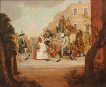 English School (18th century) Aristocratic figure alighting from a sedan chair in a town street,