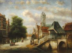 Continental School (20th century) Dutch townscape with figures crossing a bridge, indistinctly