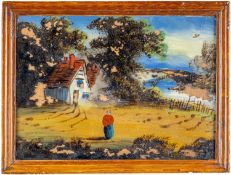 A collection of six reverse glass landscape paintings