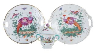 A Chelsea porcelain twin-handled chocolate cup and cover