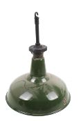 A retro green enamel industrial ceiling light.