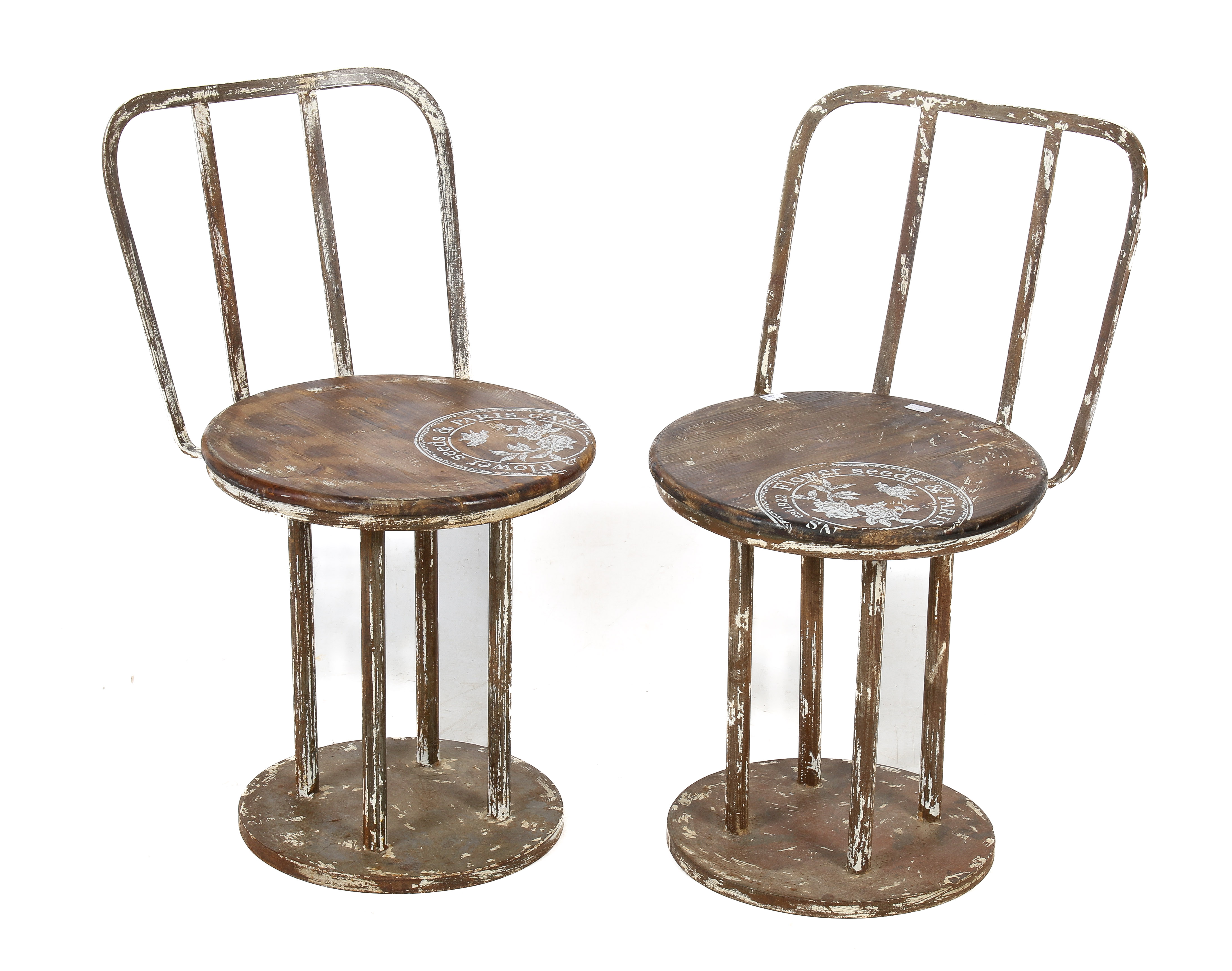 A pair of industrial painted stools.