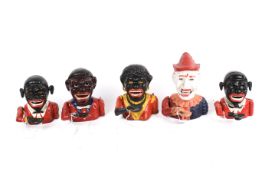 A group of five reproduction cast iron mechanical money boxes. Including a clown. Max.