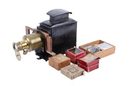 An unbranded Victorian Magic Lantern. Together with a mixed assortment of slides.