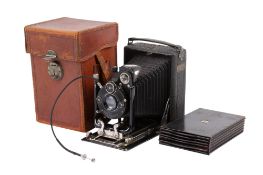 A Sands Hunter quarter-plate large format camera. With Compur shutter and Carl Zeiss Jena 13.5cm f6.