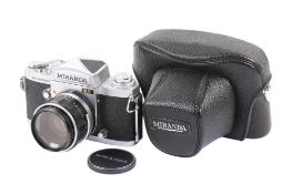 A Miranda Sensomat RE 35mm SLR camera. Chrome. With a Miranda 50mm f1.8 lens, cap and ERC.