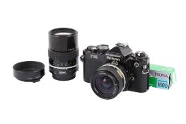 A Nikon FE2 35mm SLR camera outfit. Black. Serial number 2305362. With two lenses; a Nikkor 28mm f2.