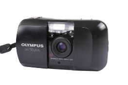 An Olympus Stylus 35mm compact camera. Black. With an Olympus 35mm f3.