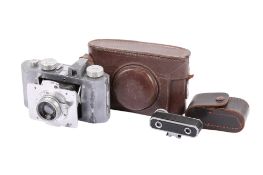 A Gallus Derlux 127 format strut-folding viewfinder camera. Polished aluminium body.