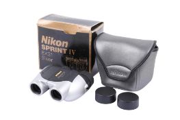 A pair of Nikon Sprint IV 8 x 21 binoculars. Silver. With strap, case, two caps, and makers box.