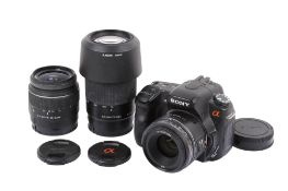 A Sony a200 Digital SLR outfit. With three lenses; a Sony 18-55mm f3.5-5.