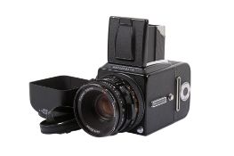 A Hasselblad 500 C/M 6 x 6 Medium Format SLR camera. 1988. Black. Serial number RR 1421182.
