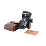 A Kershaw Raven 6 x 9 Medium Format Folding camera. Black Baselite. With a Kershaw 4 Inch f6.