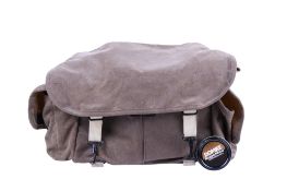 A Domke F-2 camera bag. Khaki waved canvas, with Domke inserts and a tin of Domke RuggedWear wax.