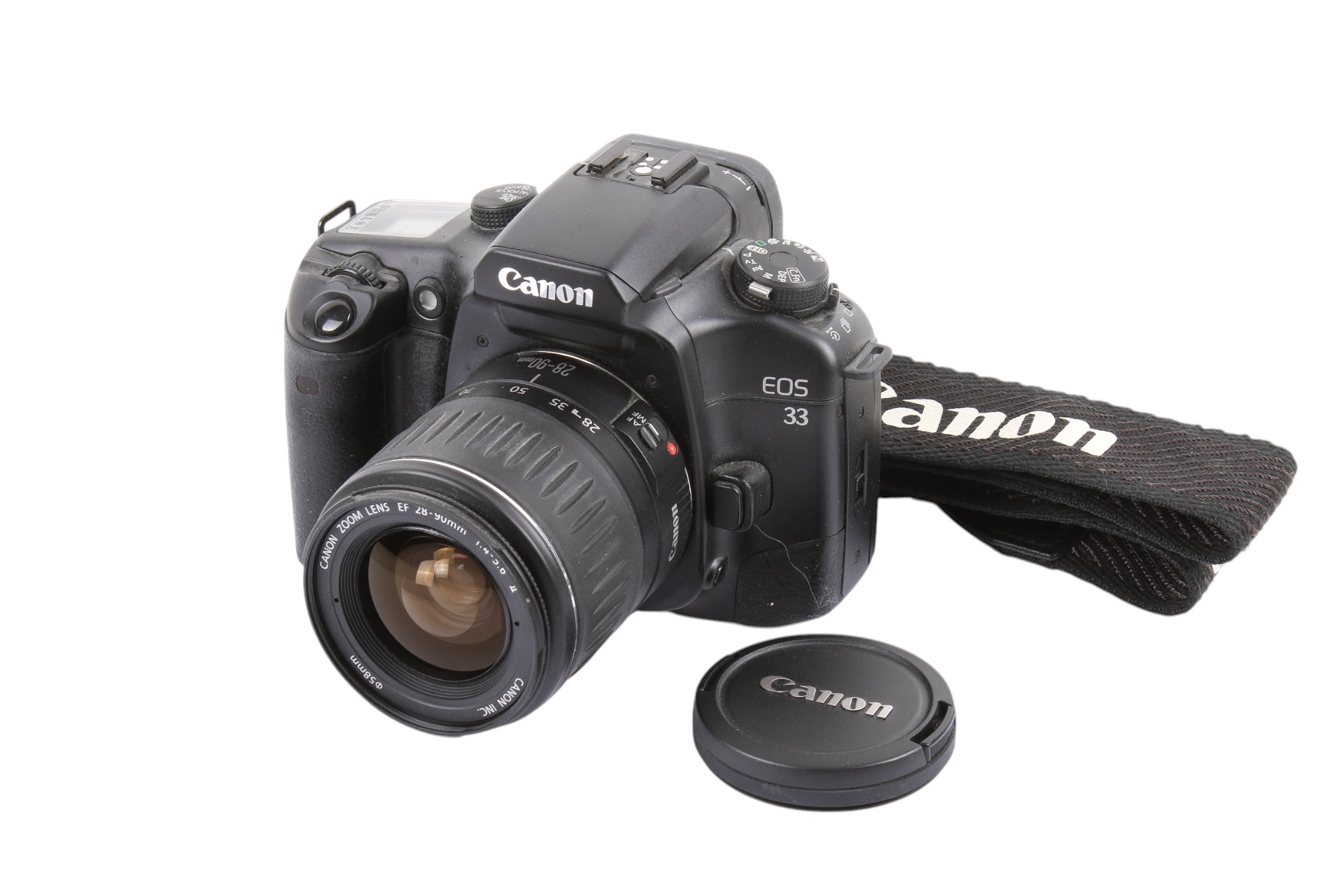 A Canon EOS 33 35mm SLR camera. With a Canon Zoom EF 28-90mm f4-5.6 II lens, lens cap and strap.