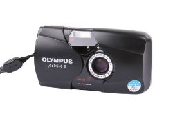 An Olympus MJU II 35mm Compact camera. Black. Serial number 6023972. With an Olympus 35mm f2.