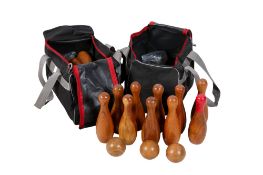 A set of Ber turned wooden skittles and balls.
