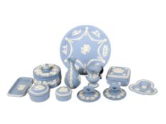 Small group of ten assorted Wedgwood blue Jasperware ornamental items.