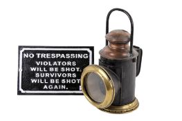 A vintage Railway brass and copper signal lantern and a reproduction metal sign. Max.